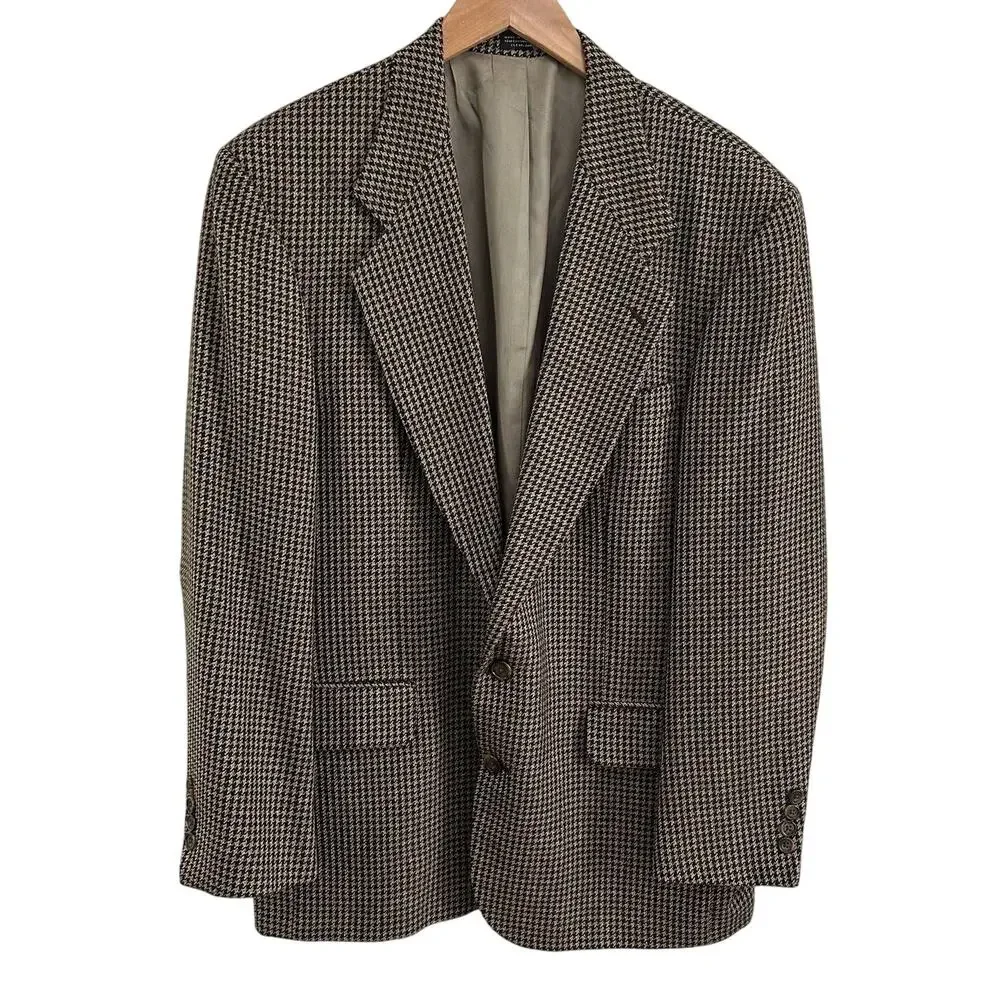 Oscar De La Renta Brown Houndstooth Plaid Blazer Sport Coat  2 Button 42 42R